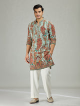 Aqua blue peacock print mens kurta suit