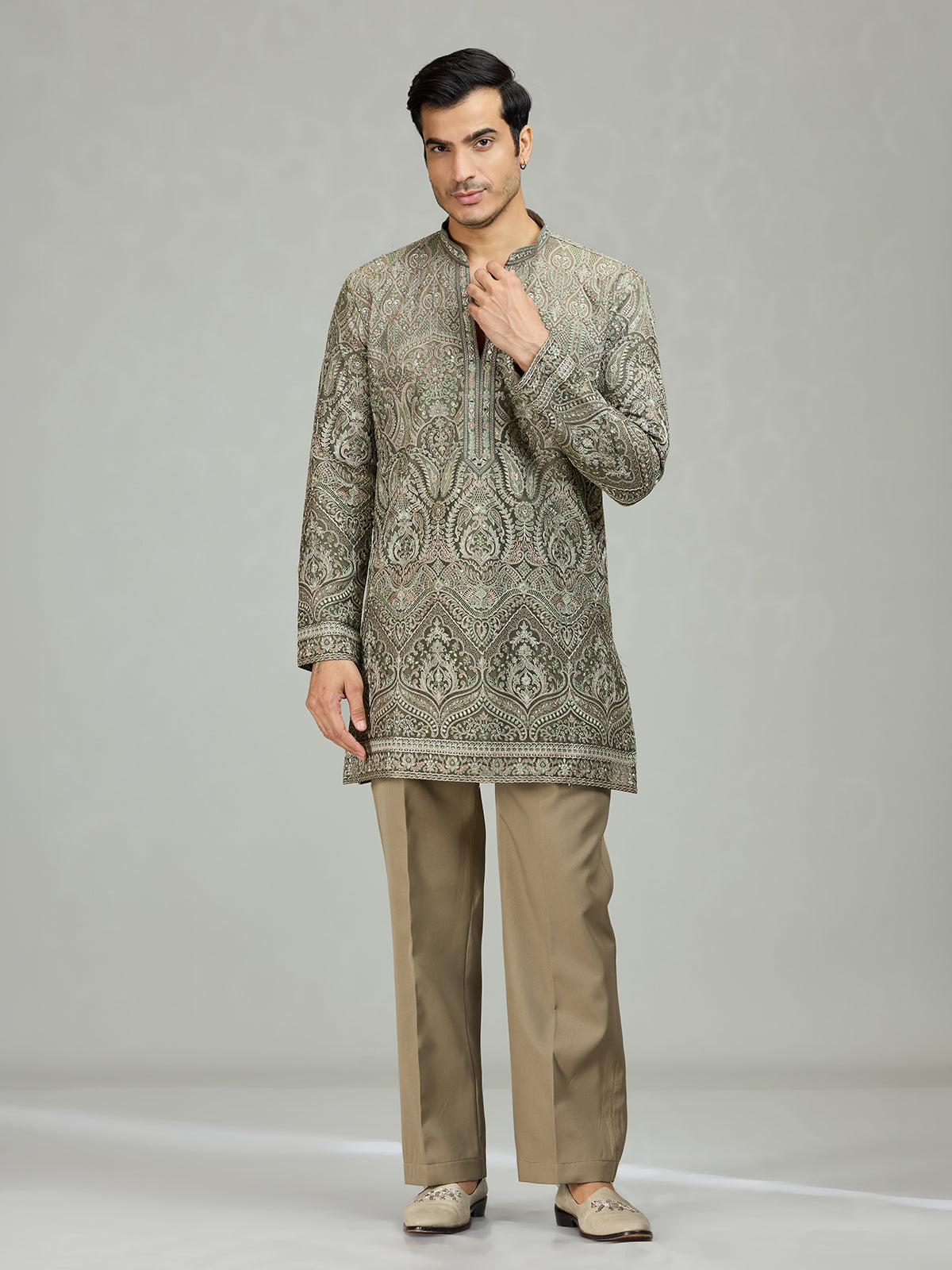 Dusty sage graceful embroidered mens kurta suit