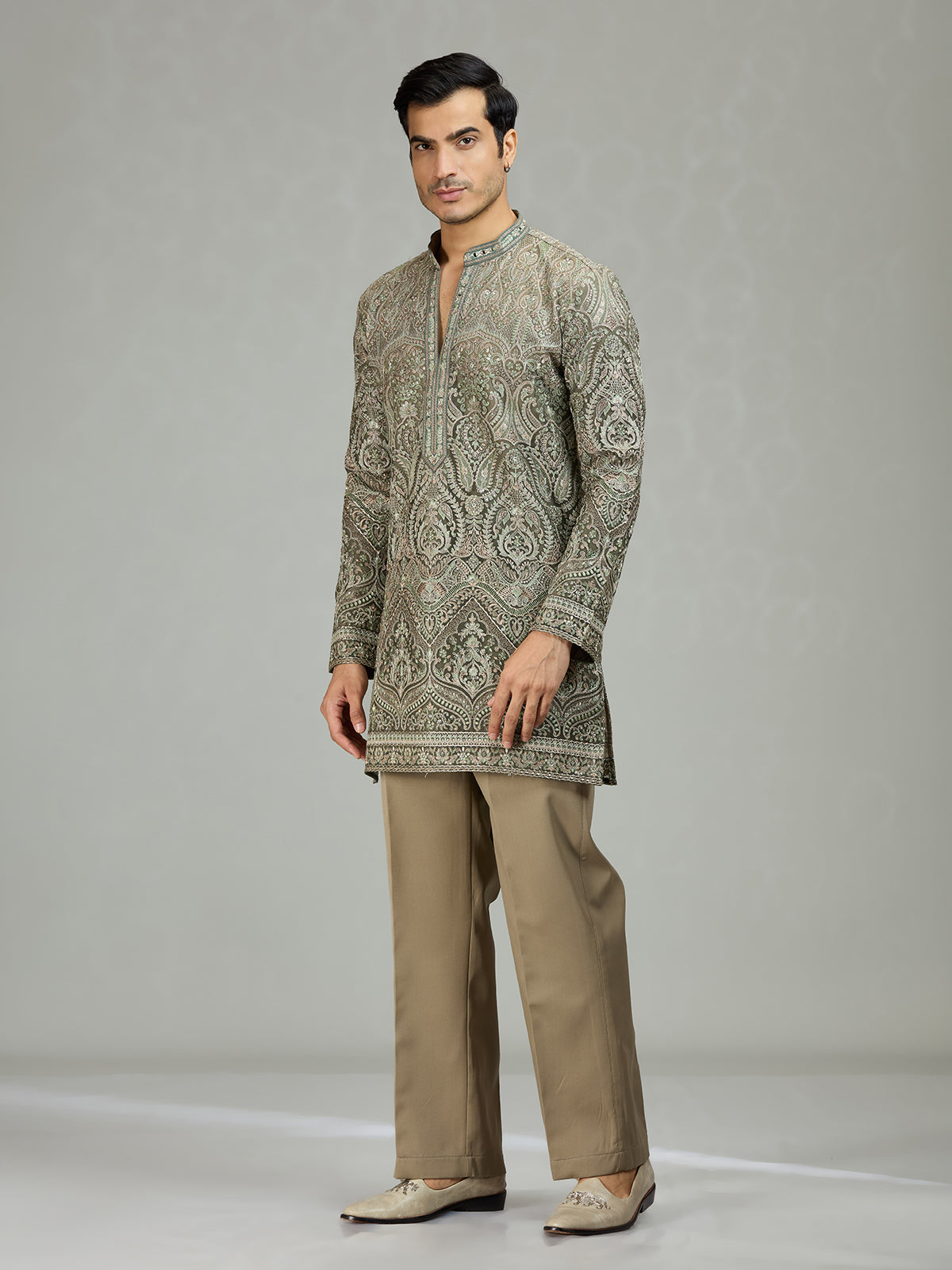 Dusty sage graceful embroidered mens kurta suit
