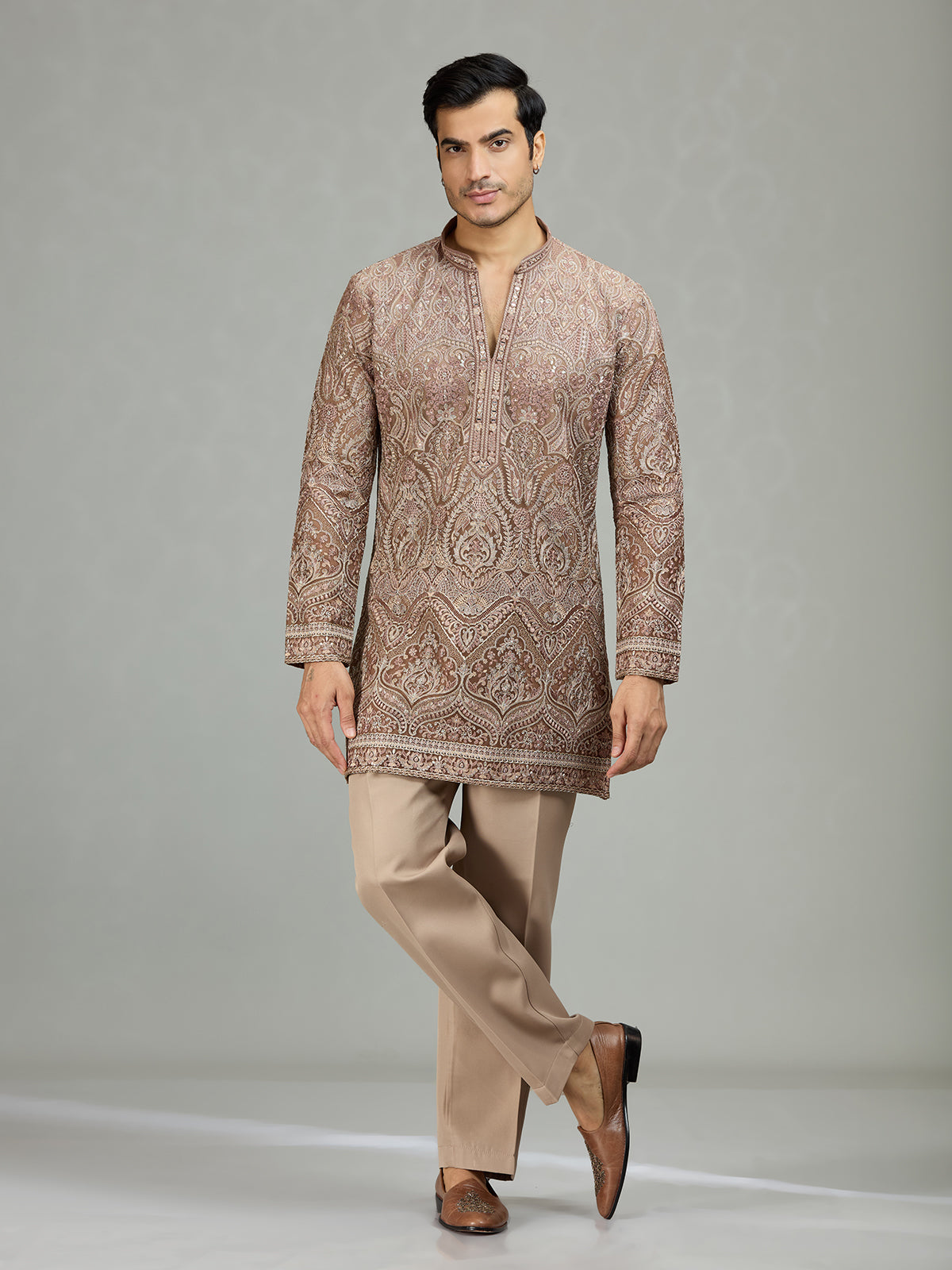 Dusty rose stylish embroidered mens kurta suit
