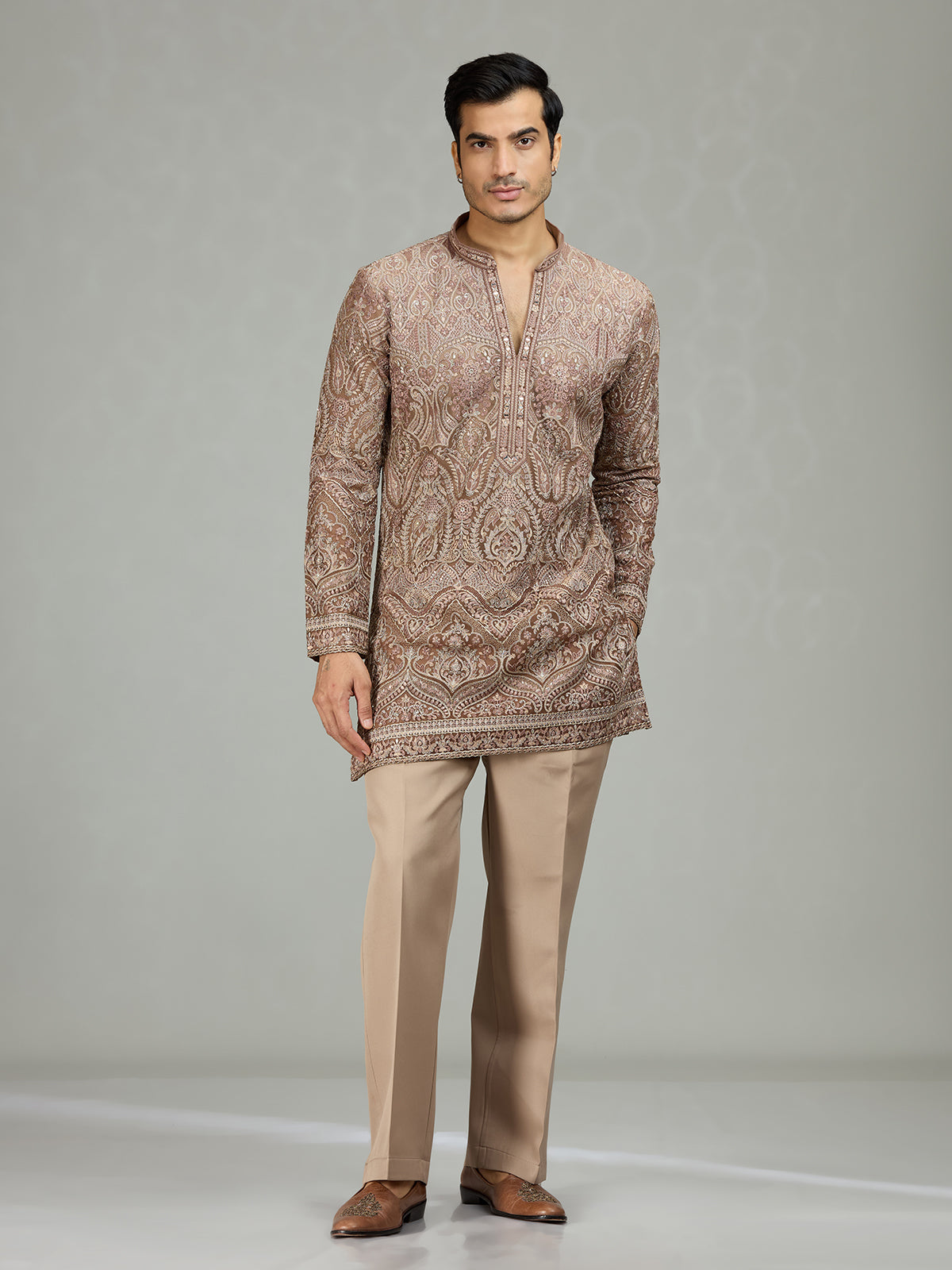 Dusty rose stylish embroidered mens kurta suit