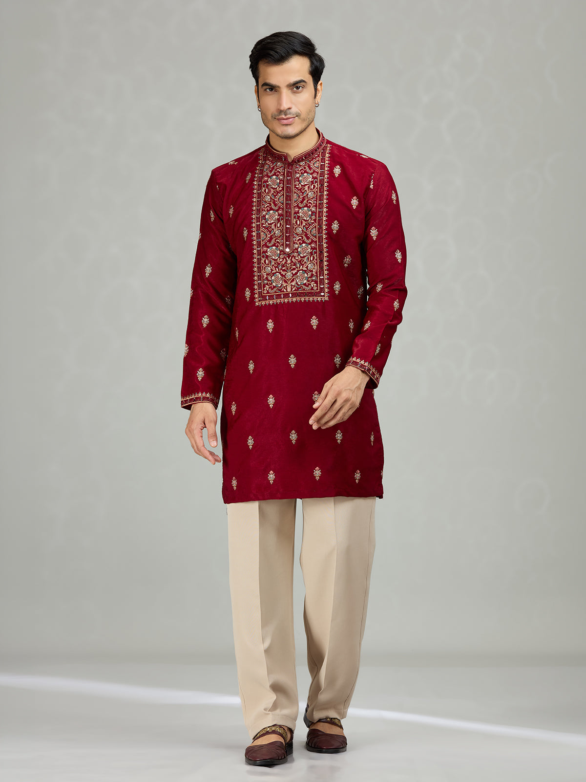 Maroon floral panel mens kurta suit