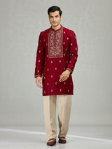 Maroon floral panel mens kurta suit