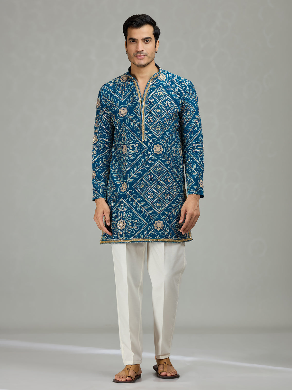 Teal blue heritage bandhej mens kurta suit