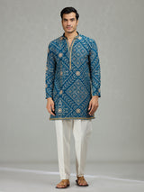 Teal blue heritage bandhej mens kurta suit