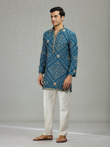 Teal blue heritage bandhej mens kurta suit