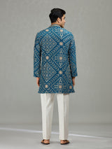 Teal blue heritage bandhej mens kurta suit