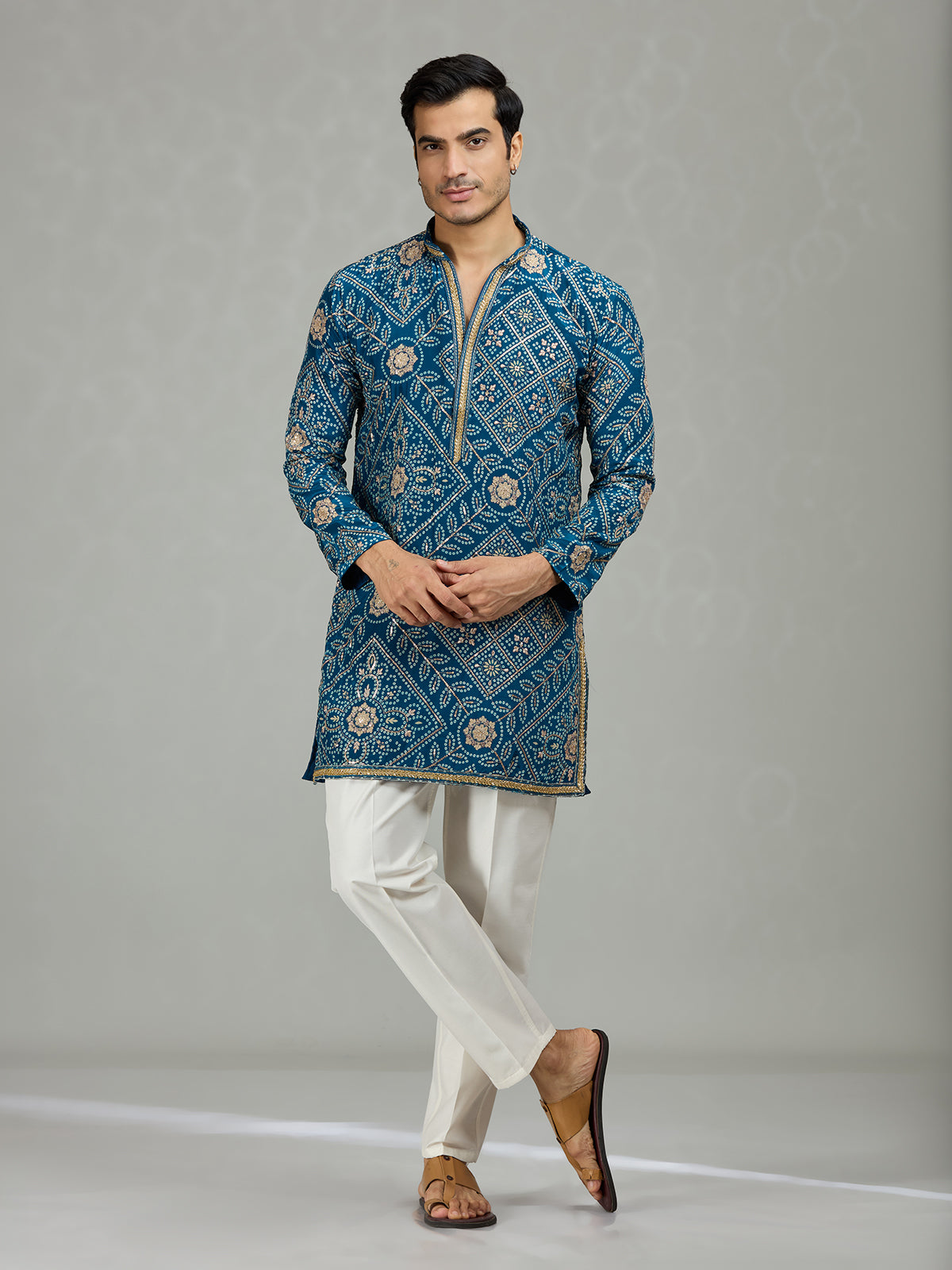 Teal blue heritage bandhej mens kurta suit