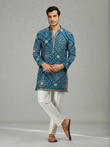 Teal blue heritage bandhej mens kurta suit