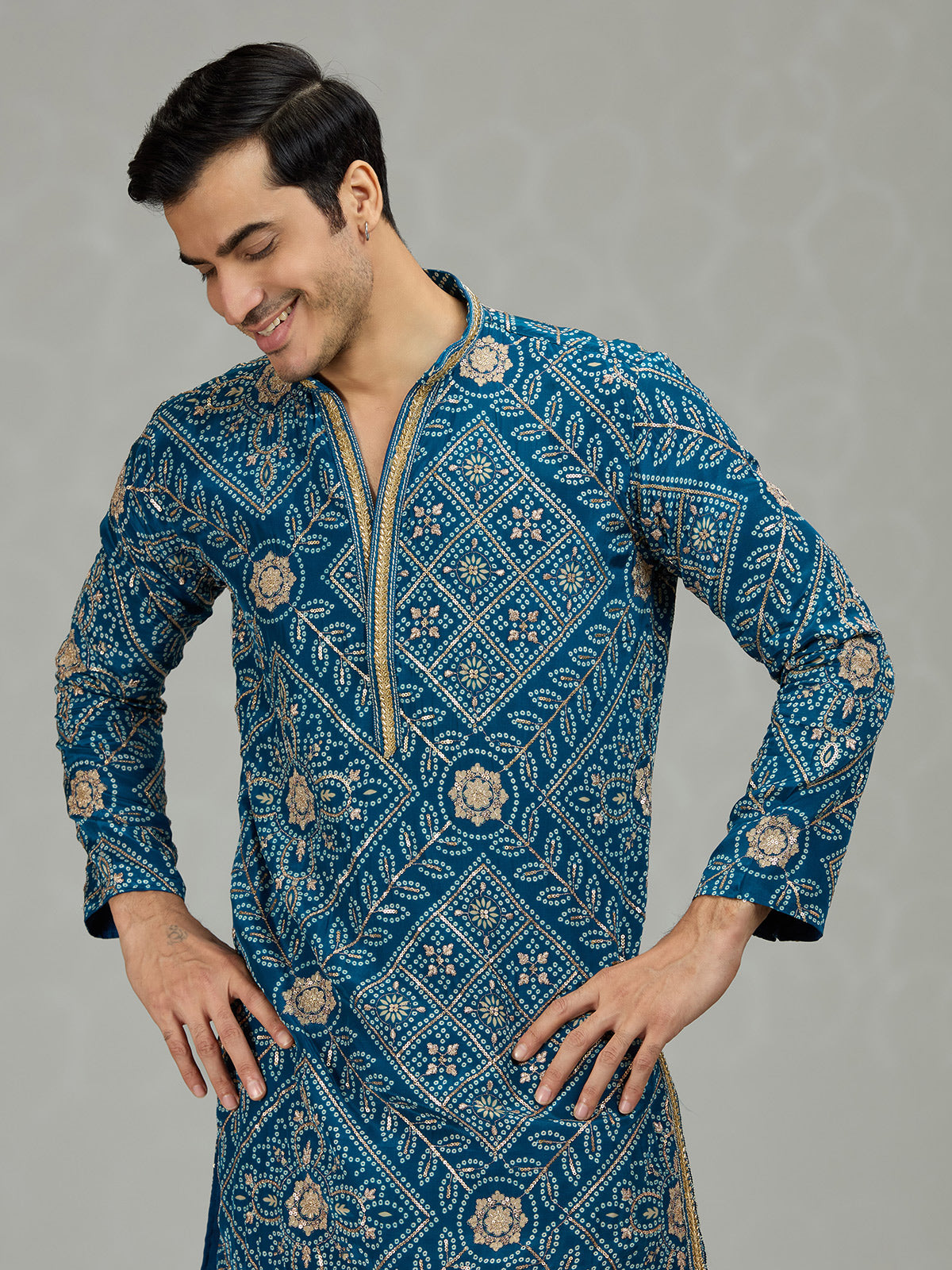 Teal blue heritage bandhej mens kurta suit