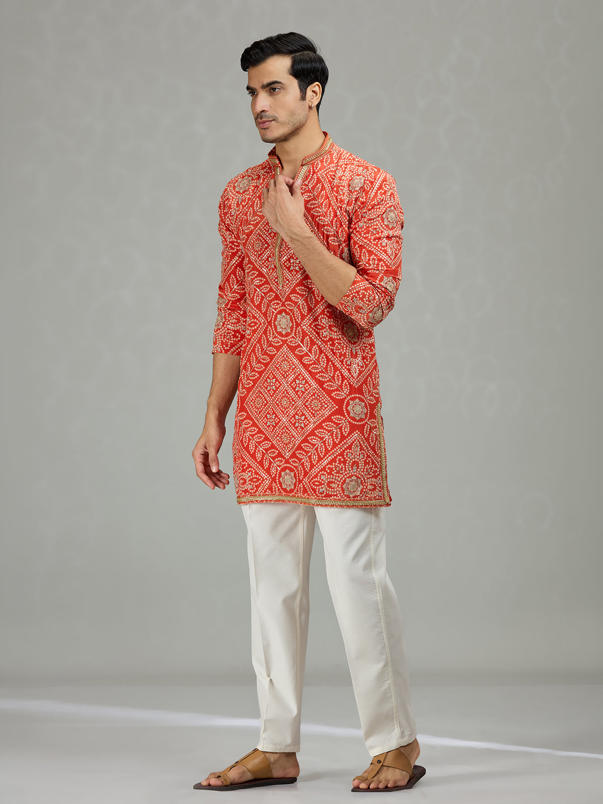 Orange festive bandhej mens kurta suit
