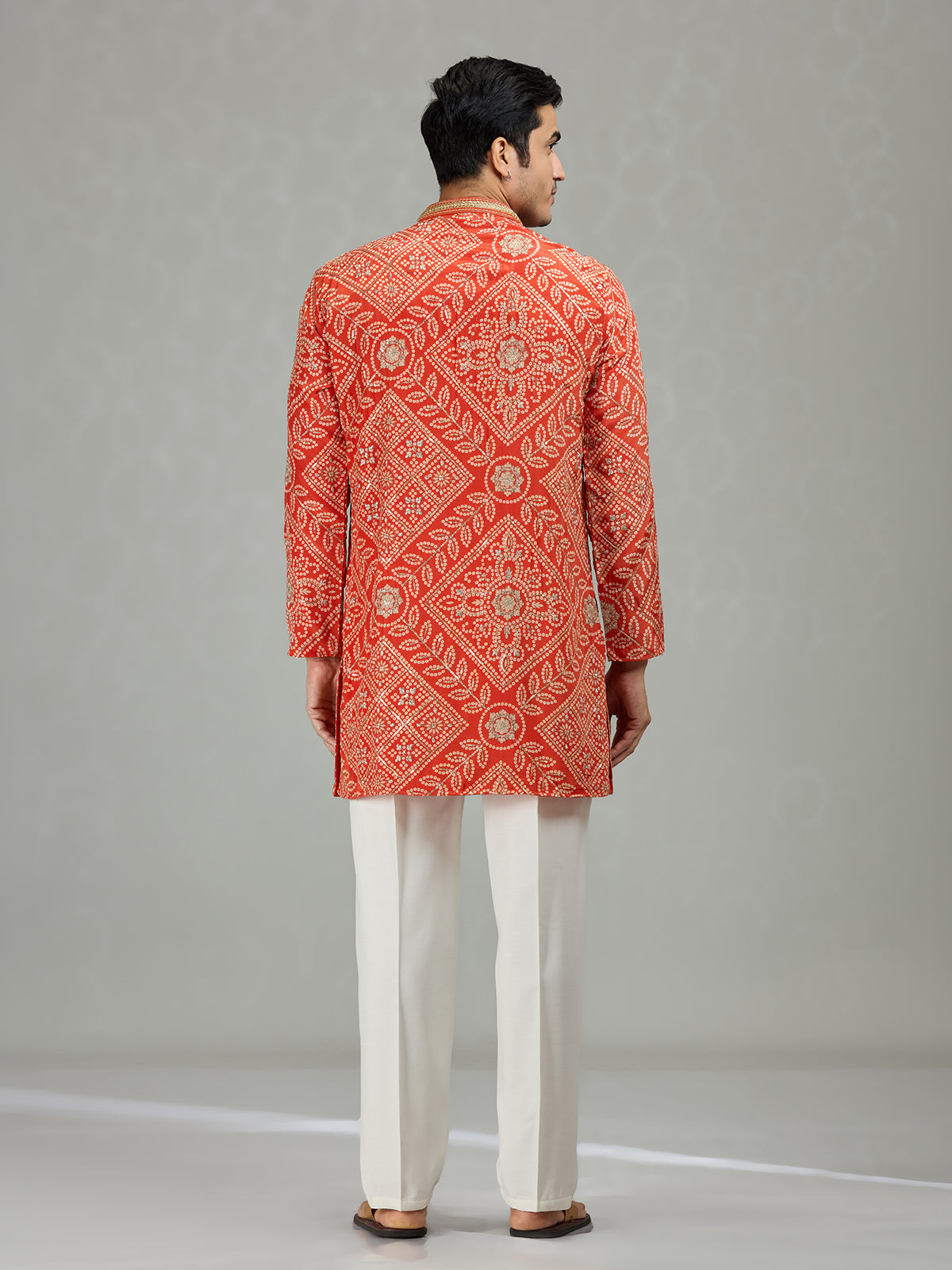 Orange festive bandhej mens kurta suit