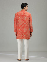 Orange festive bandhej mens kurta suit