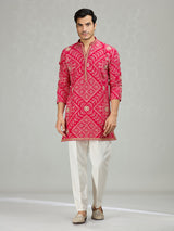 Hot pink vibrant bandhej mens kurta suit