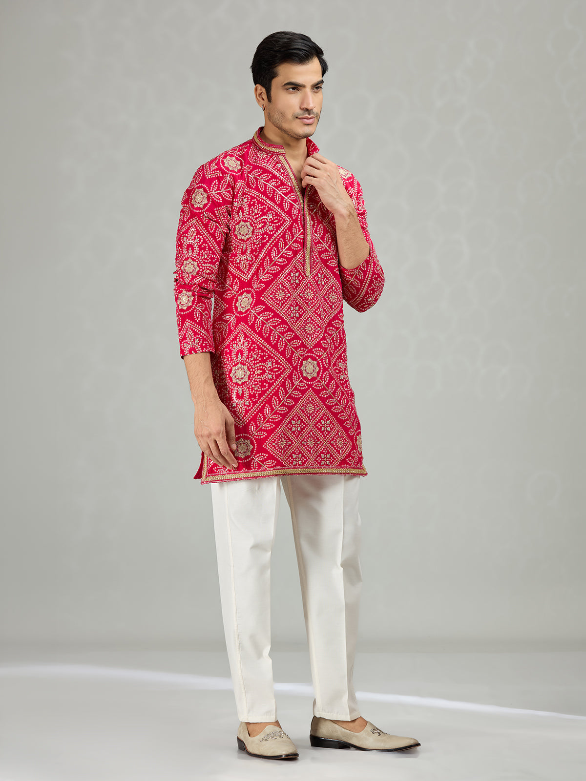 Hot pink vibrant bandhej mens kurta suit