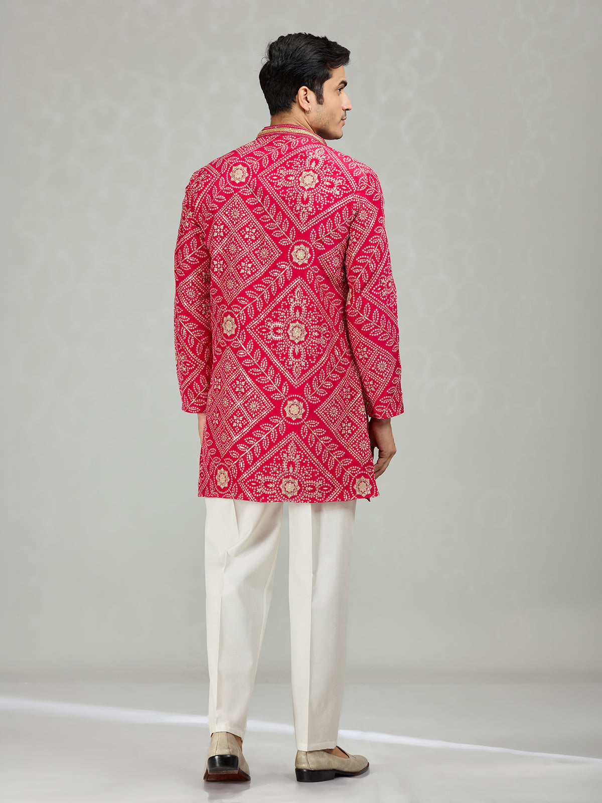 Hot pink vibrant bandhej mens kurta suit