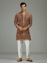 Brown traditional bandhej mens kurta suit