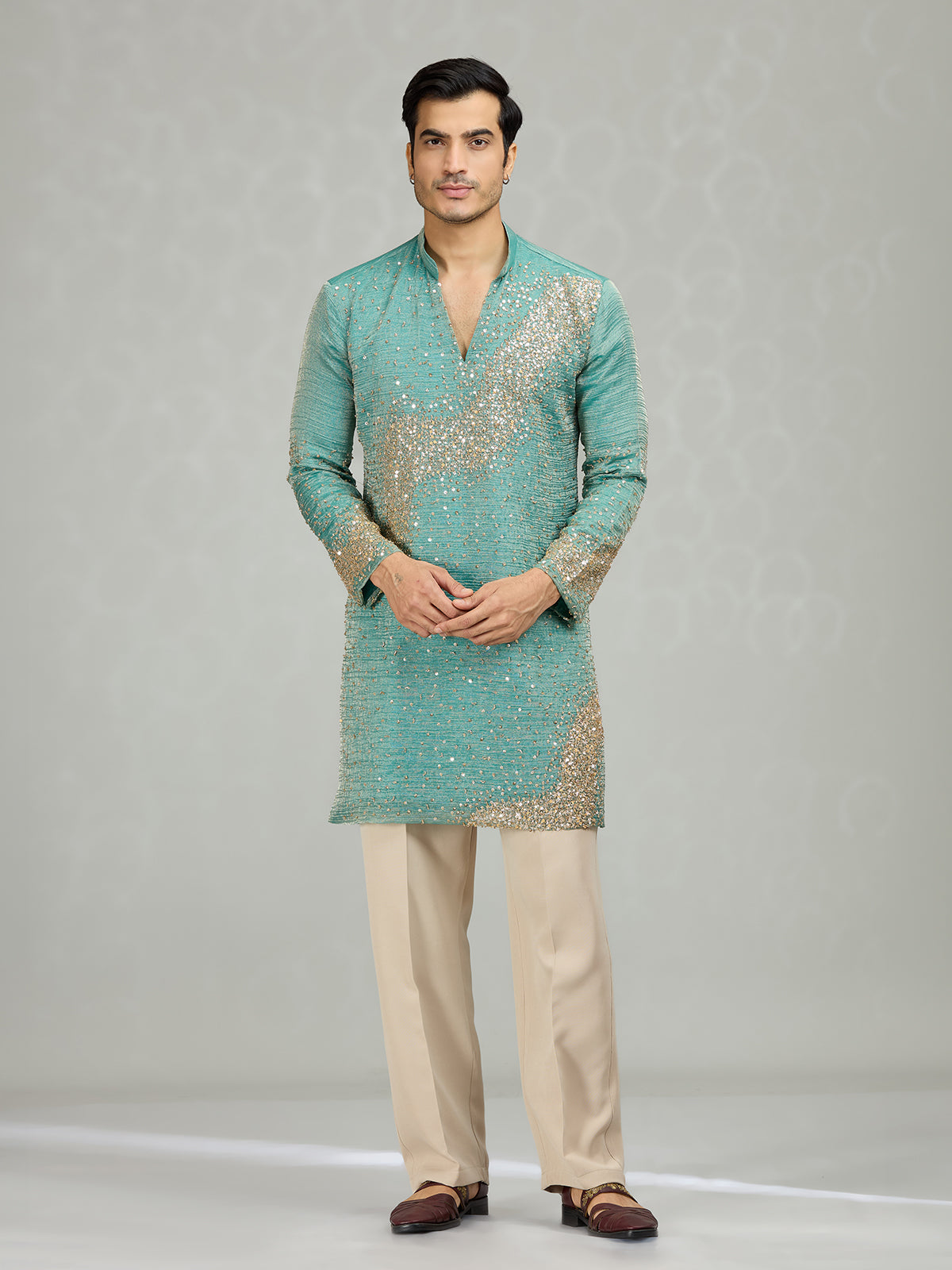 English blue flowing wave artistry men kurta suit