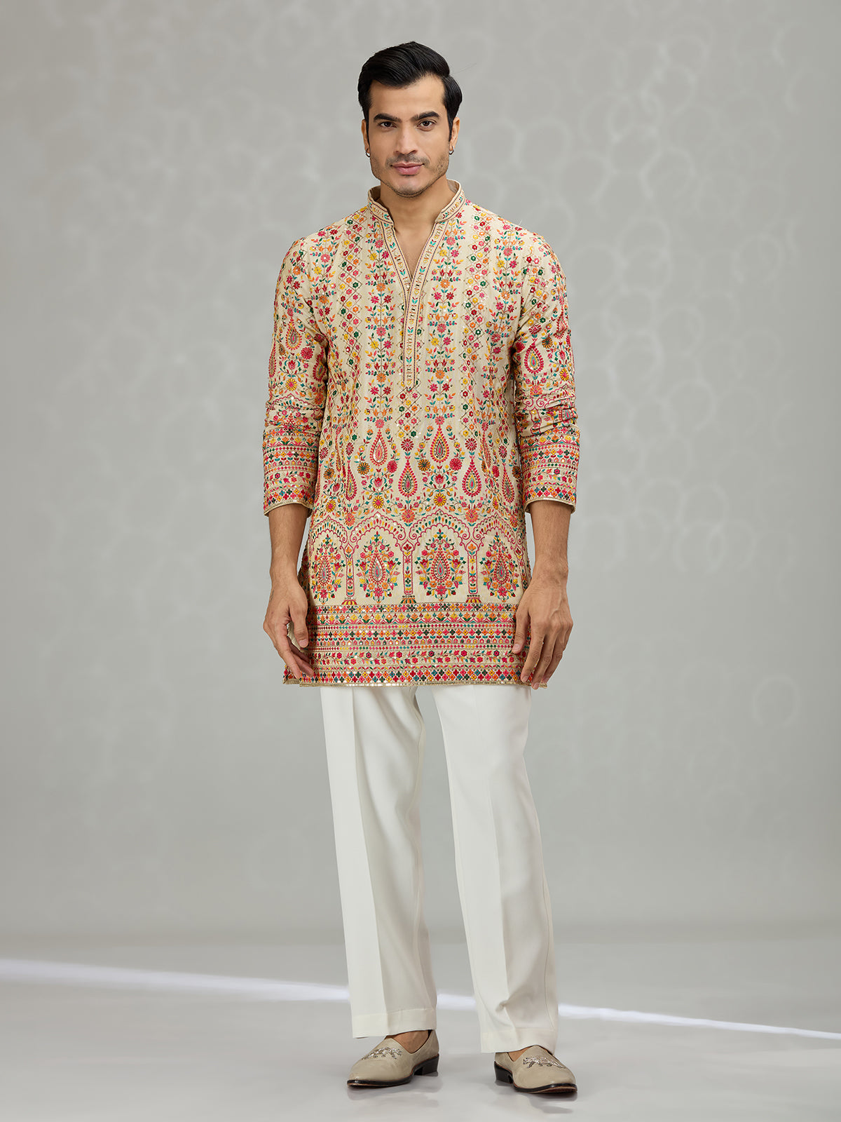 Warm beige colorful floral mens kurta suit