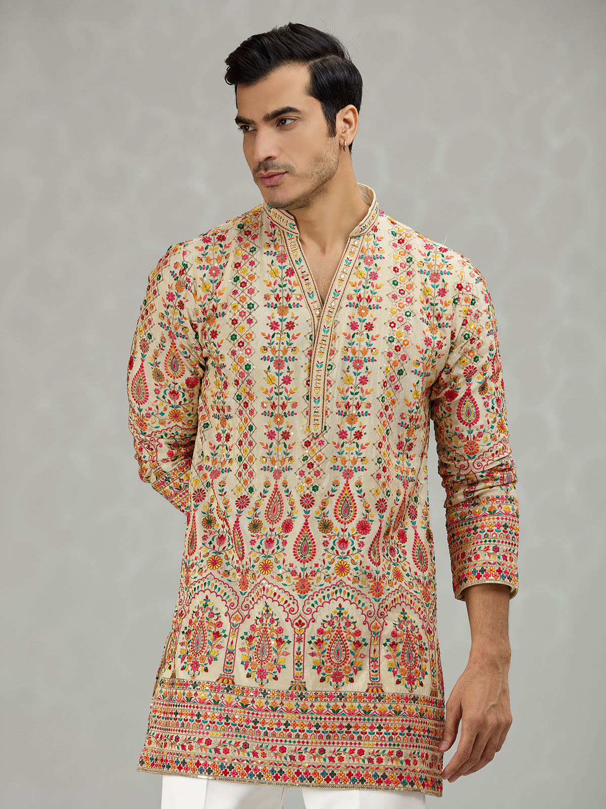 Warm beige colorful floral mens kurta suit