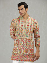 Warm beige colorful floral mens kurta suit
