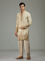 Cream floral tissue silk mens kurta suit