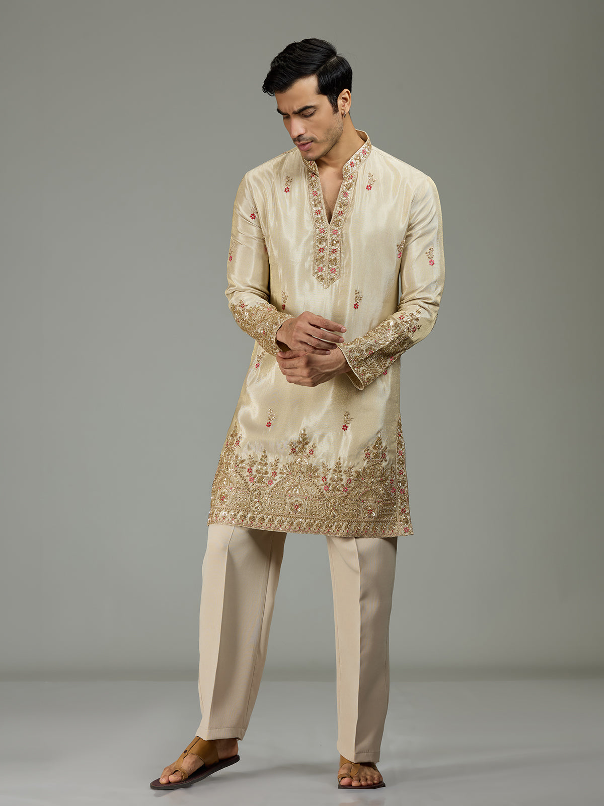 Cream floral tissue silk mens kurta suit