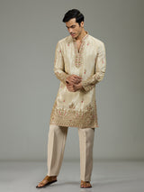 Cream floral tissue silk mens kurta suit