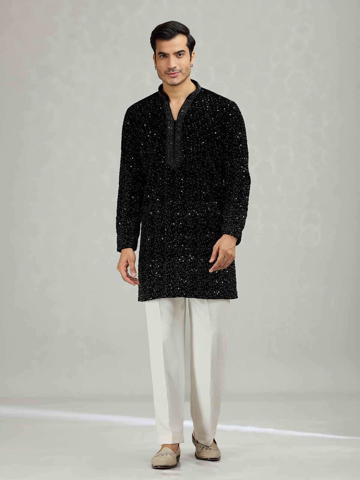 Black sleek embellished mens kurta suit