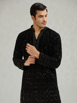 Black sleek embellished mens kurta suit