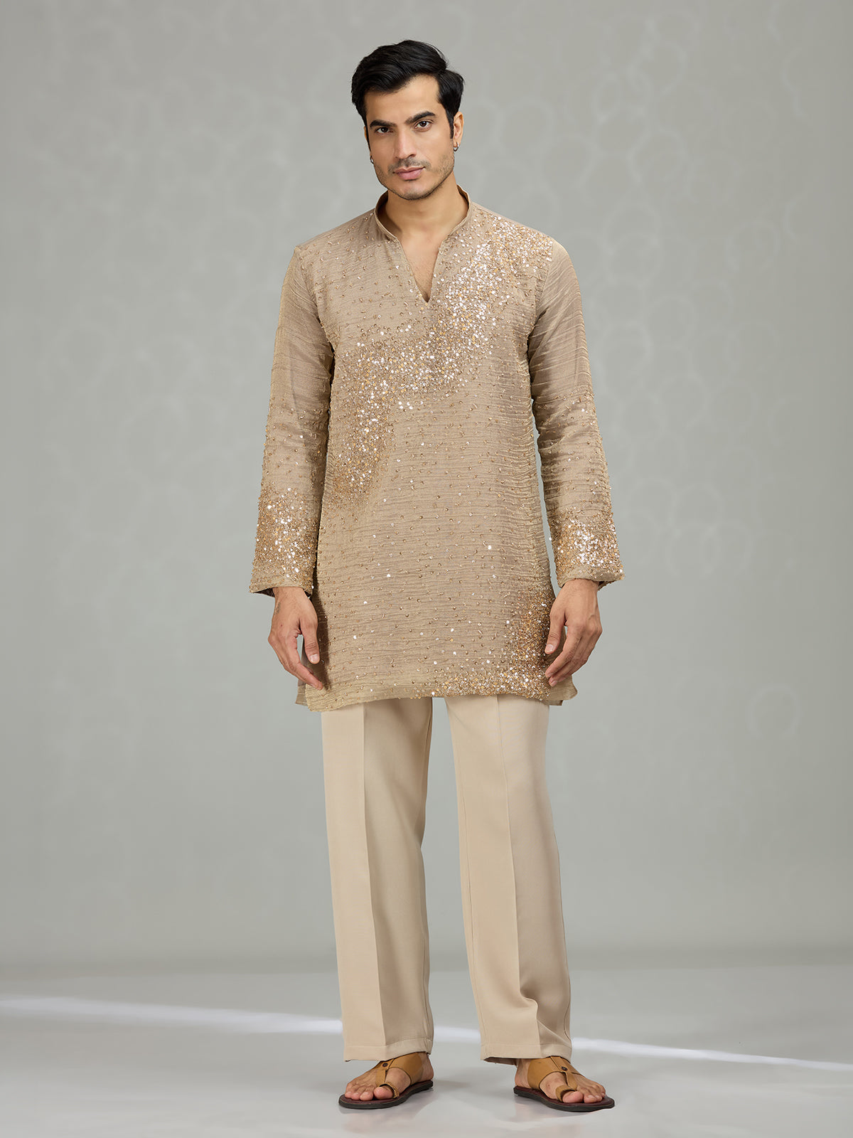 Warm brown sculpted wave patterns men kurta suit