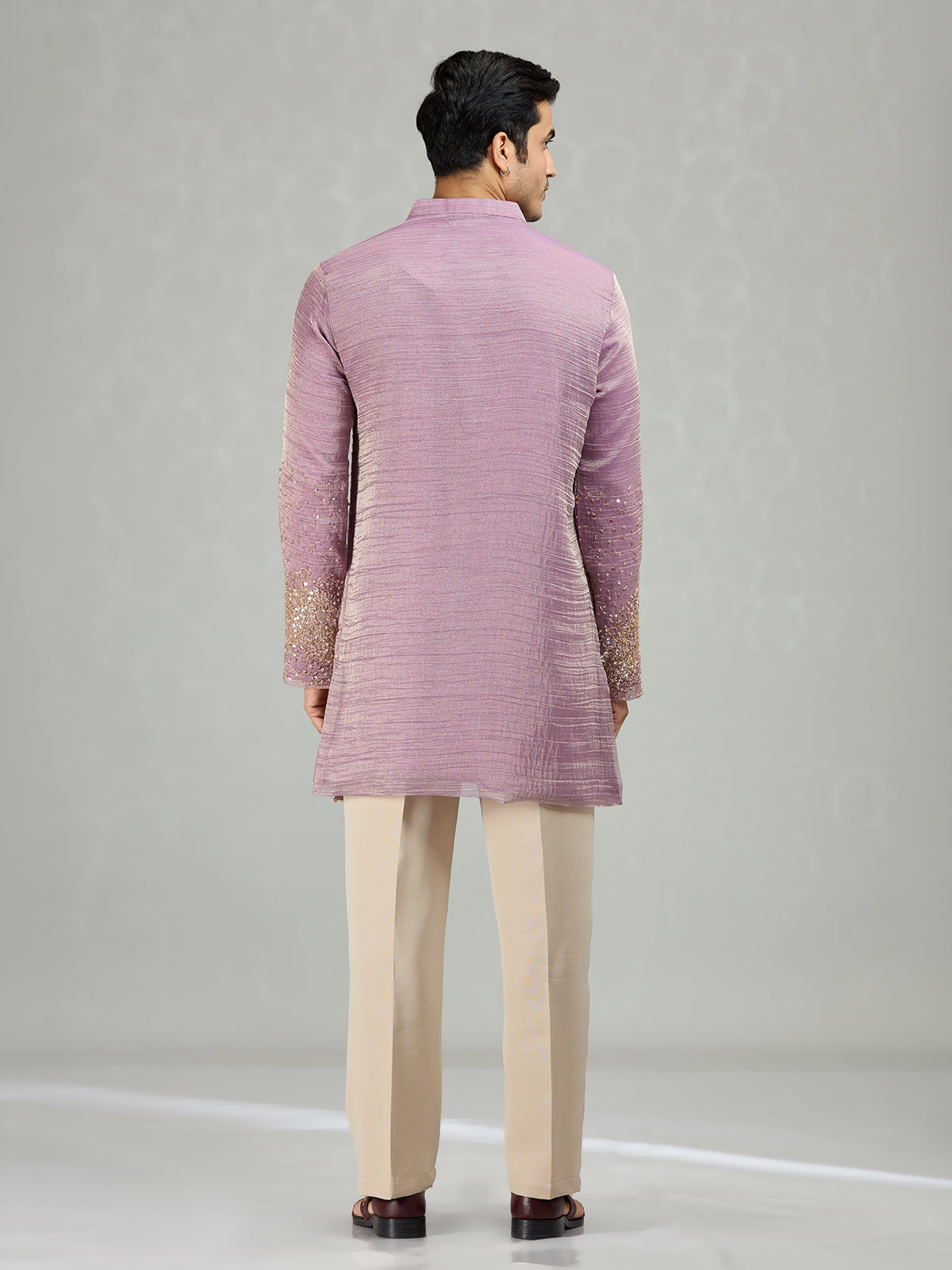 Lilac purple graceful wave motifs men kurta suit