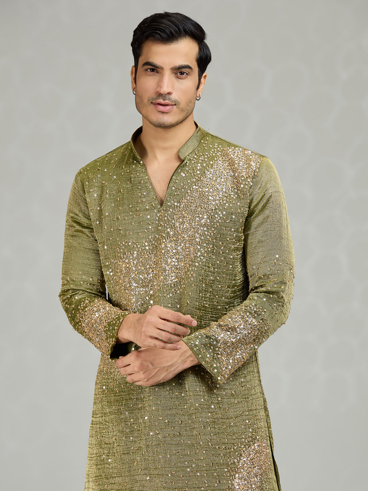 Green rhythmic wave detailing men kurta suit