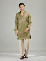 Green rhythmic wave detailing men kurta suit