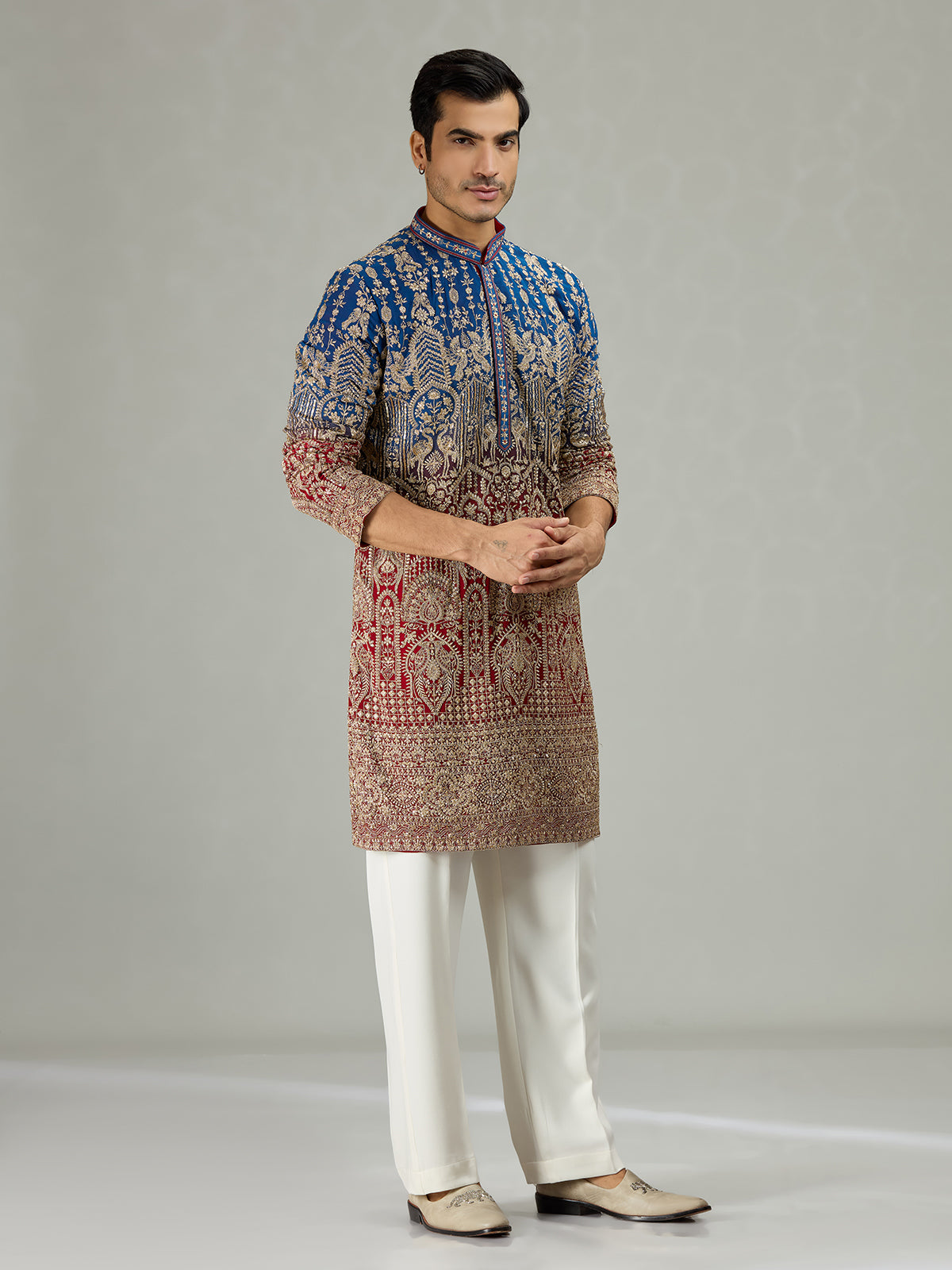 Blue red shaded architectural mens kurta suit