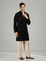 Black floral velvet embellished mens kurta suit