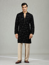 Black floral velvet embellished mens kurta suit