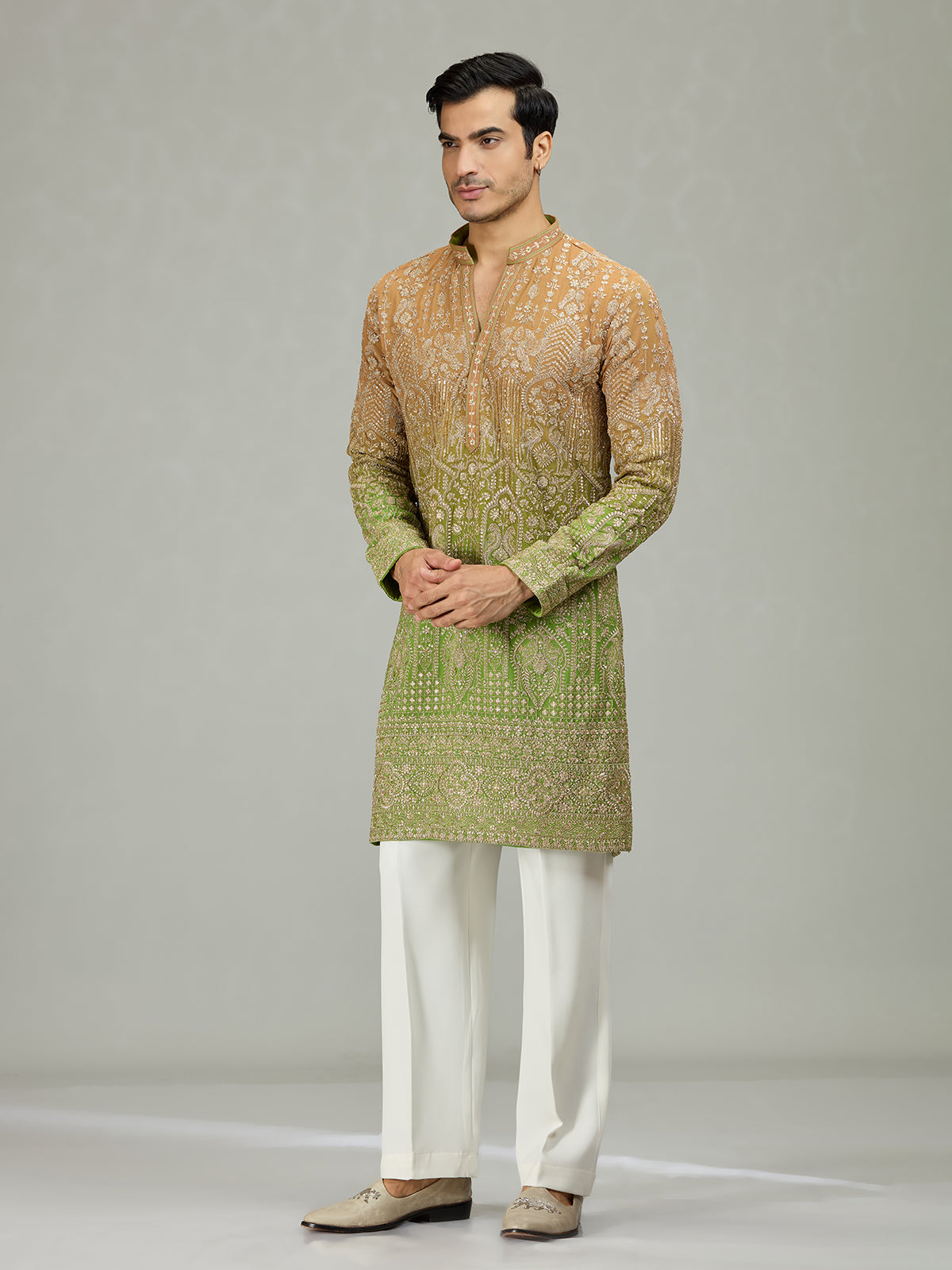 Rust green architectural fusion men kurta suit