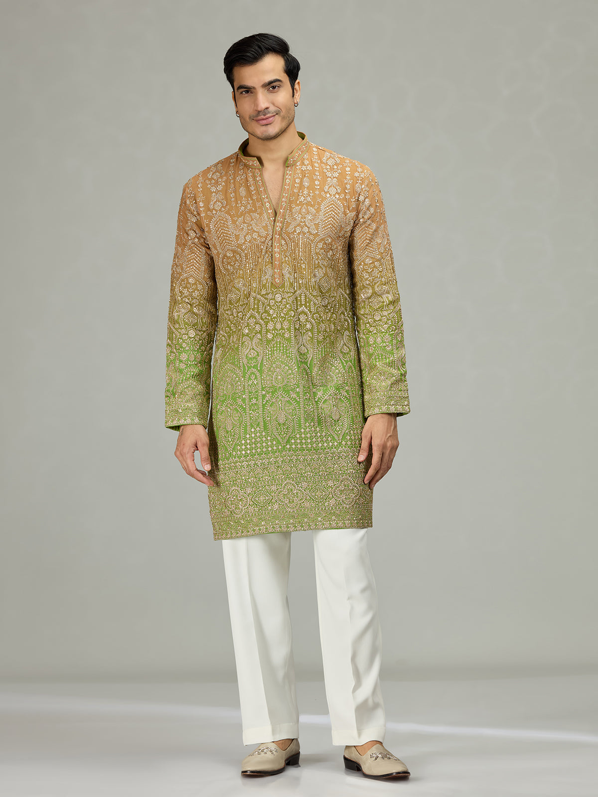 Rust green architectural fusion men kurta suit