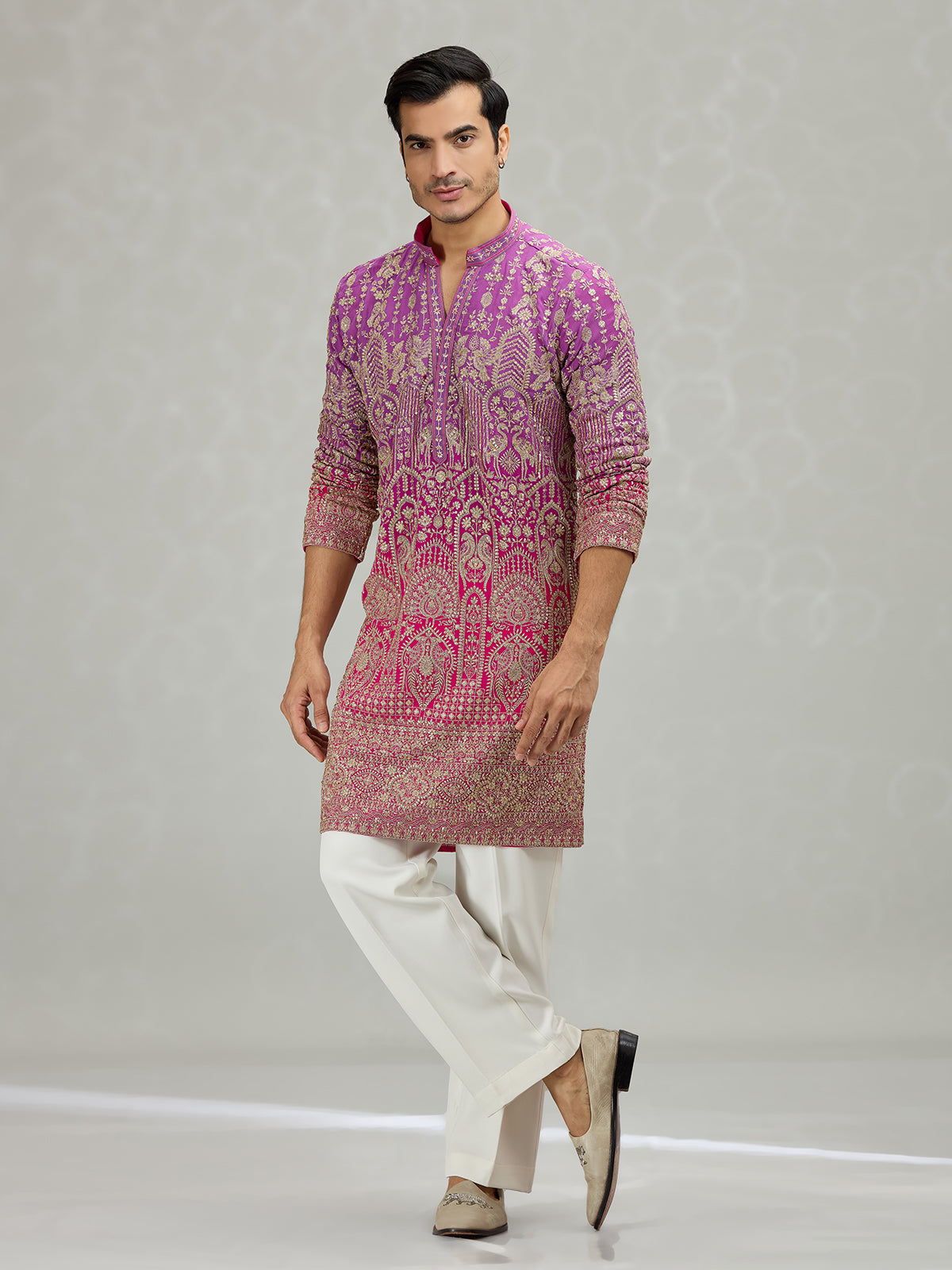 Purple magenta shaded border regal men kurta suit