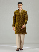 Mehendi green floral velvet grandeur men kurta suit