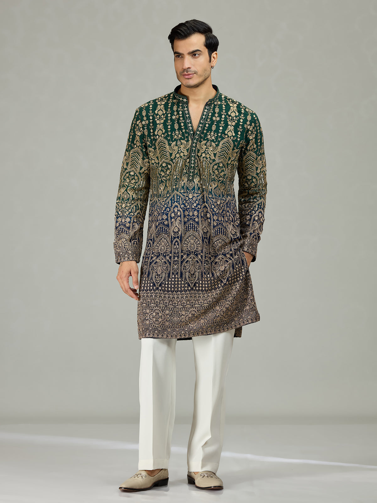 Green blue shaded Mughal heritage men kurta suit