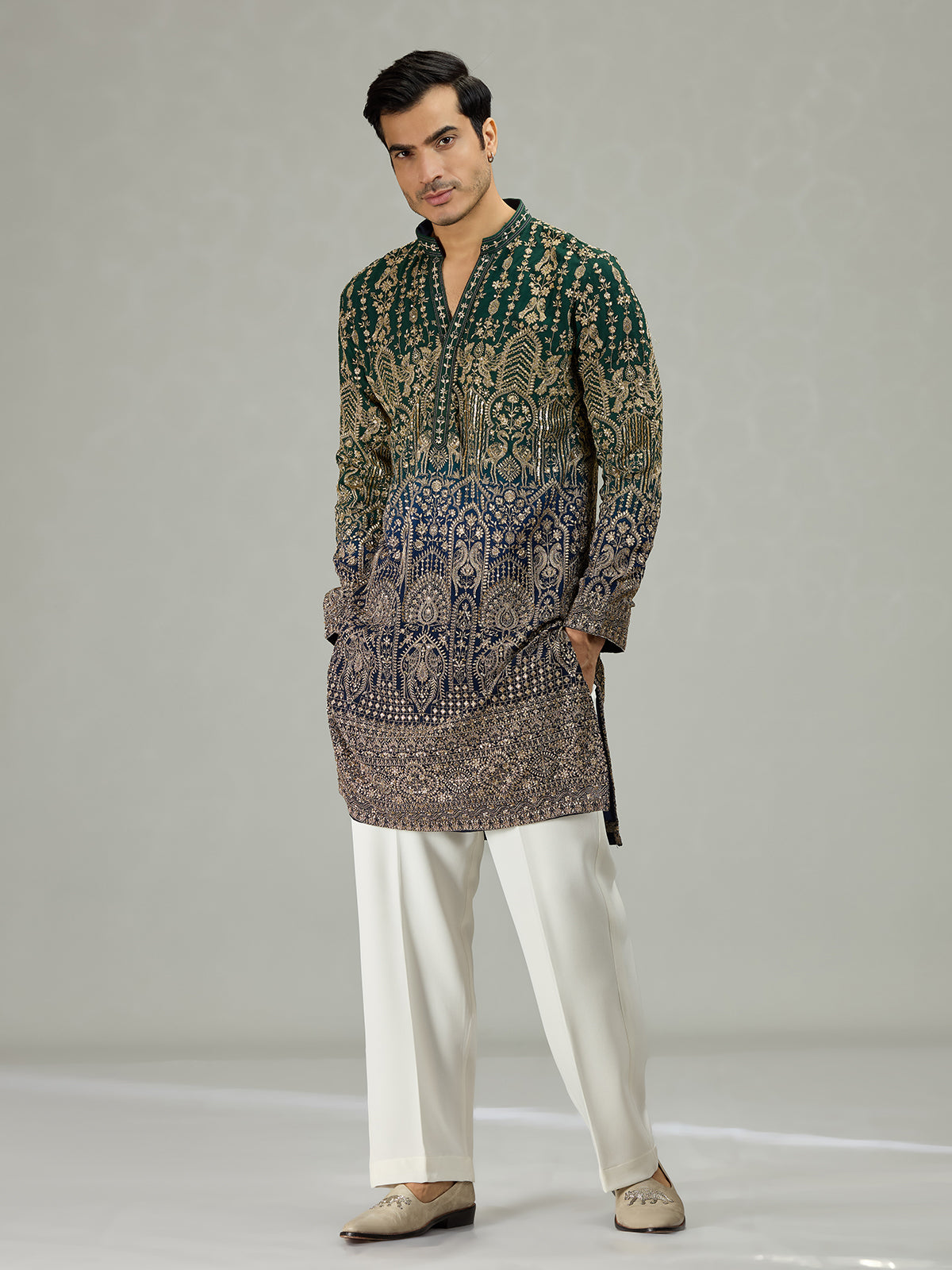 Green blue shaded Mughal heritage men kurta suit