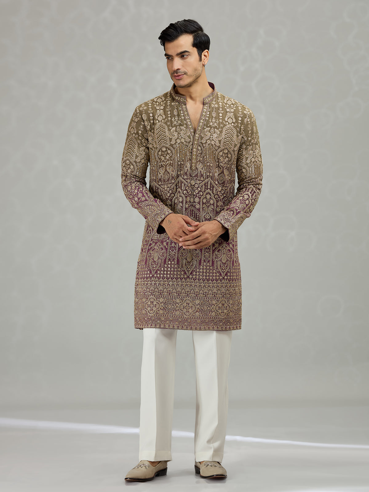 Brown purple shaded architectural mens kurta suit