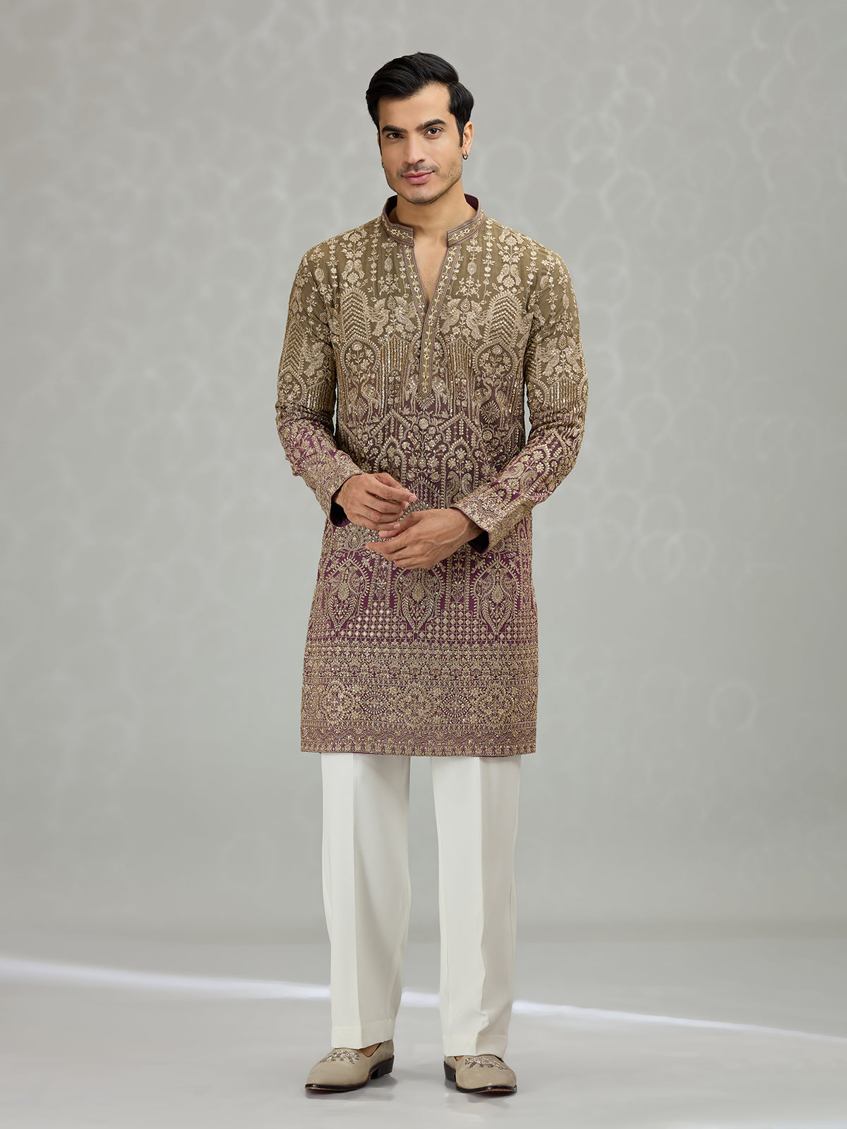 Brown purple shaded architectural mens kurta suit