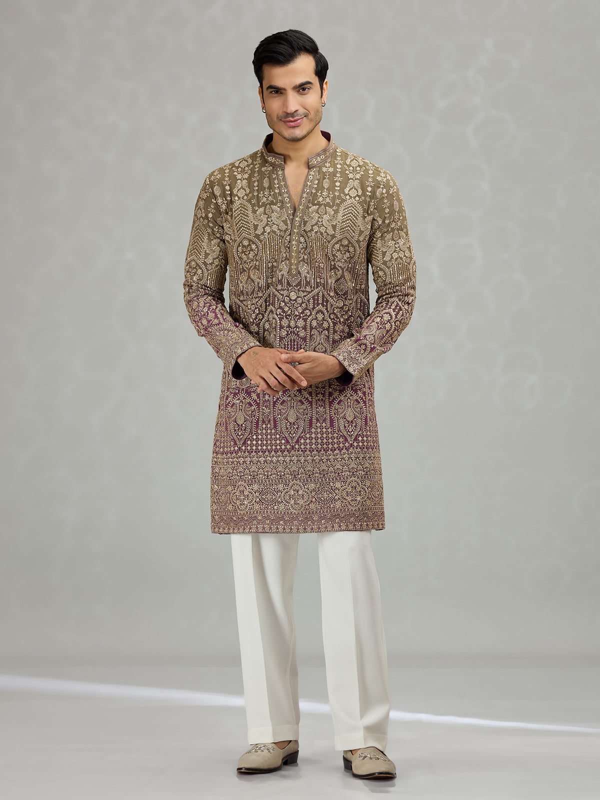 Brown purple shaded architectural mens kurta suit