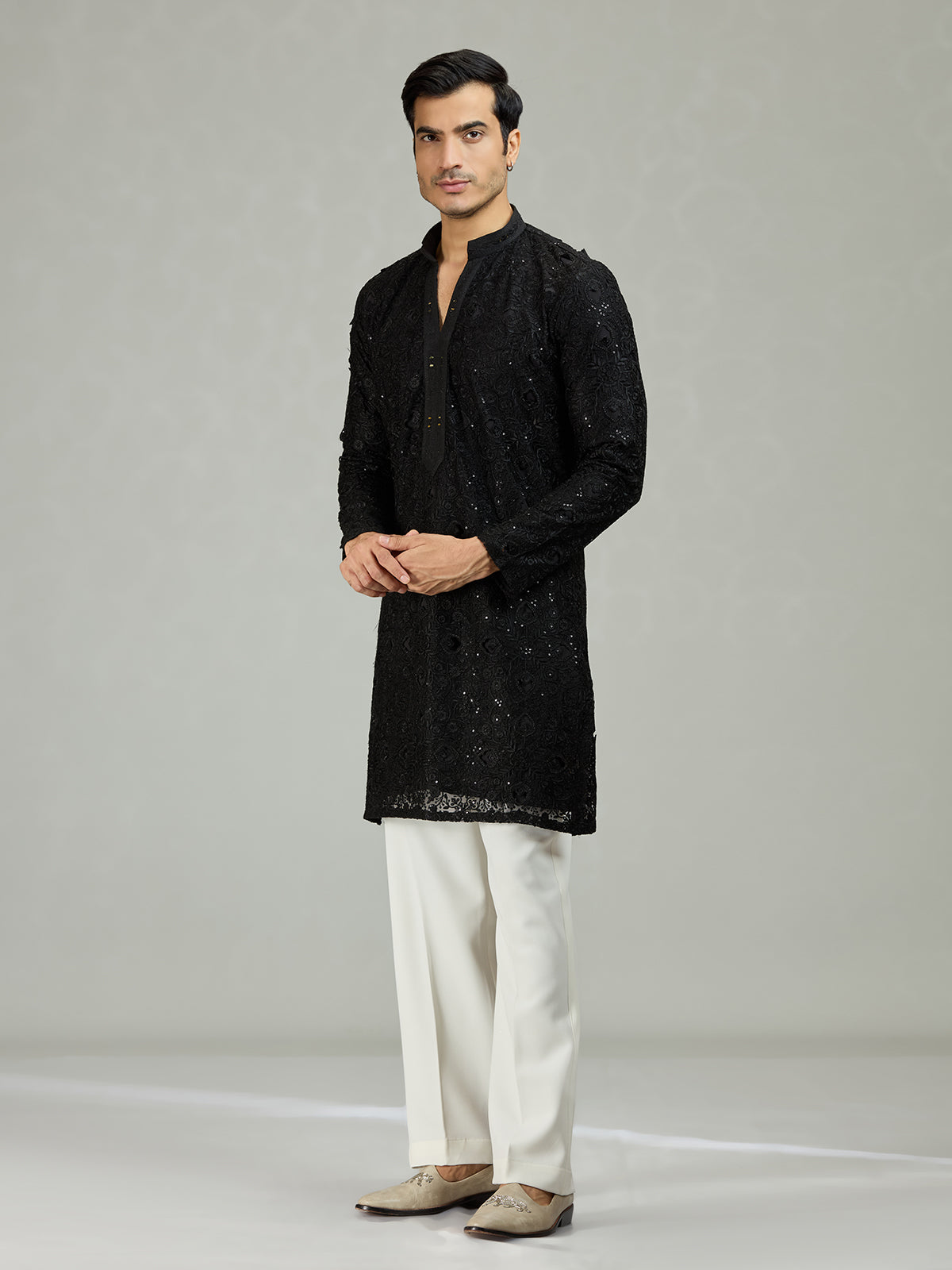 Black chikankari sequin organza luxe men kurta suit