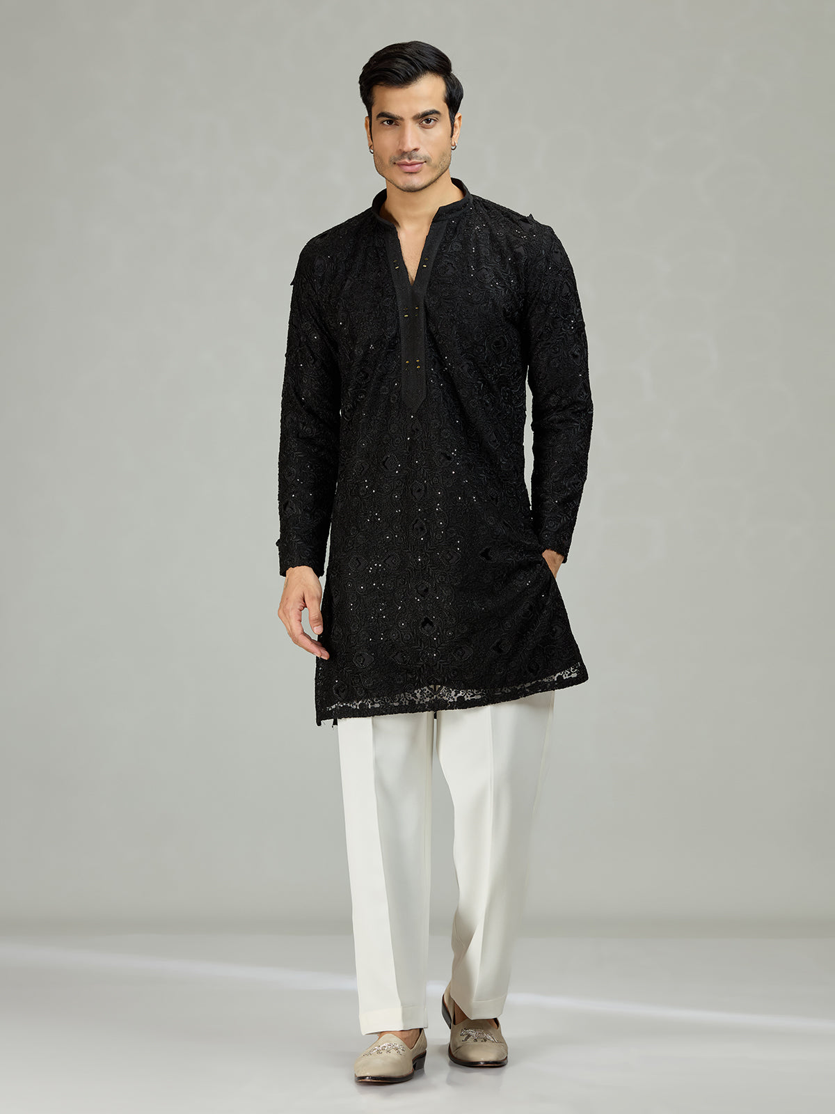 Black chikankari sequin organza luxe men kurta suit
