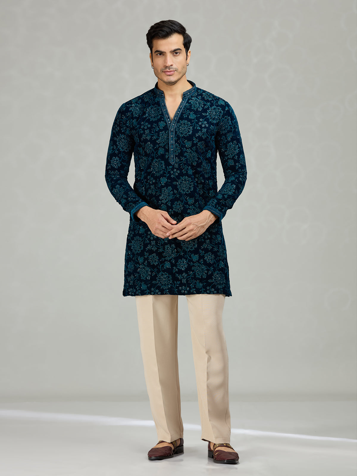 Teal blue floral velvet opulent men kurta suit