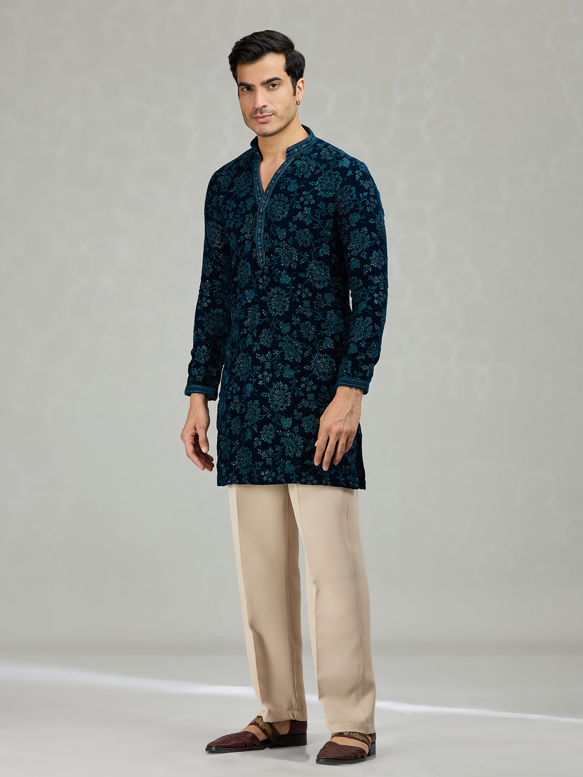 Teal blue floral velvet opulent men kurta suit